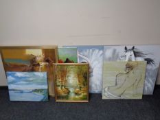 A group of framed and unframed canvas paintings, landscapes, woodland scene oil on canvas,
