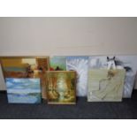 A group of framed and unframed canvas paintings, landscapes, woodland scene oil on canvas,