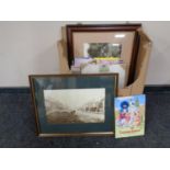 A box containing contemporary tin signs, two framed black and white photographs of Bedlington,
