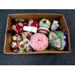 A box of ceramics including Maling storm bowl, china flower posies,