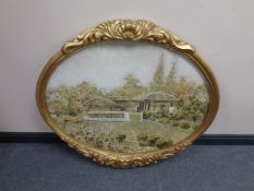 A pair of gilt framed mother of pearl collage pictures depicting Japanese landscapes (2)