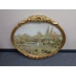 A pair of gilt framed mother of pearl collage pictures depicting Japanese landscapes (2)