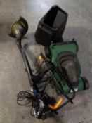A car jack (appears new) together with an electric lawn mower and a strimmer