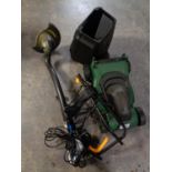 A car jack (appears new) together with an electric lawn mower and a strimmer