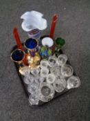 A tray containing 20th century glassware to include Venetian glass vase, hand painted gilded vases,