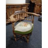 A continental oak corner chair with tapestry seat