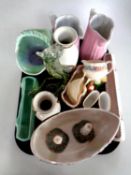 A tray containing Maling lustre bowl, Poole Pottery slender dish, Chokin ware vases,