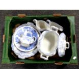 A box containing seven pieces of 19th century blue and white dinner ware