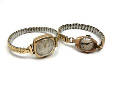 Two 9ct gold cased lady's wristwatches on suspension straps (2)