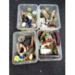 Four plastic tubs containing miscellaneous including 20th century pottery and glassware,