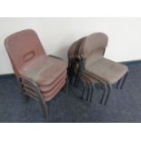 Nine 20th century plastic stacking nursery chairs on metal legs