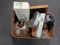 A box containing London souvenir, rise and fall clothes airer, mantel clock,