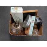 A box containing London souvenir, rise and fall clothes airer, mantel clock,