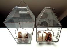 Two hanging leaded glass terrariums