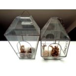 Two hanging leaded glass terrariums