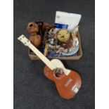 A box containing miscellaneous including anniversary clock, candlesticks, Elvis Presley guitar,