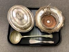 A quantity of antique and later silver plated items to include soup ladle, breakfast dish and cover,