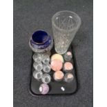 A tray containing assorted glassware, Venetian blue glass goblet, lead crystal vase,