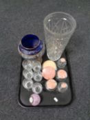 A tray containing assorted glassware, Venetian blue glass goblet, lead crystal vase,