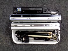 A crate containing electrical items including Bush DVD recorder, VCR, camera tripod, JVC camcorder,