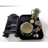 A tray containing miniature ebonised glazed cabinet, Newport Pottery Sylvian bowl,