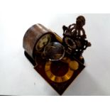 A tray containing Art Deco oak cased mantel clock, Tempus Fugit clock movement,