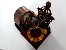 A tray containing Art Deco oak cased mantel clock, Tempus Fugit clock movement,