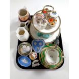 A tray containing Paragon Hamilton trio, Wedgwood blue Jasperware, porcelain trinket boxes,