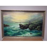 A 20th century oil on board depicting two figures fishing on rocks,