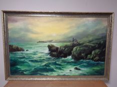 A 20th century oil on board depicting two figures fishing on rocks,