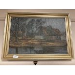 Continental school : A thatched building by a river, oil on canvas,