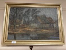 Continental school : A thatched building by a river, oil on canvas,