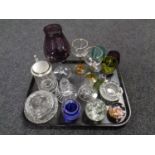 A tray containing assorted glassware to include etched glass tankard, cut glass candlesticks,