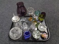 A tray containing assorted glassware to include etched glass tankard, cut glass candlesticks,