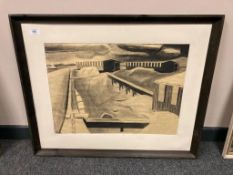 Continental school : Charcoal study, buildings by a beach,