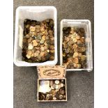 Two plastic tubs and a cigar box containing a large quantity of 19th century and later copper coins,