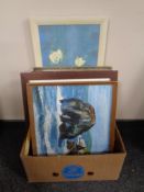 A box of 20th century pictures and prints including oil on board seascape,