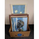 A box of 20th century pictures and prints including oil on board seascape,