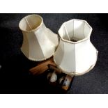 A tray containing pair of globe bookends, two turned wooden table lamps,