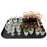 A collection of vintage glass to include ruby tinted tumblers, cut crystal sherry glasses,