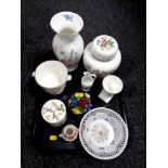 A tray containing a quantity of Aynsley china including Wild Tudor vase,