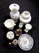 A tray containing a quantity of Aynsley china including Wild Tudor vase,