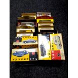 A tray containing boxed die cast vehicles including Vanguards, Matchbox,