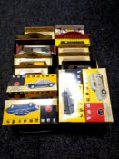 A tray containing boxed die cast vehicles including Vanguards, Matchbox,