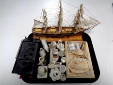 A tray containing model of a three masted ship on stand, quantity of crested china,