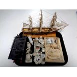 A tray containing model of a three masted ship on stand, quantity of crested china,