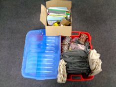 Three boxes containing crafting equipment including paper, glitter, paint, braided cord,