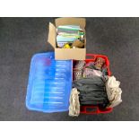 Three boxes containing crafting equipment including paper, glitter, paint, braided cord,