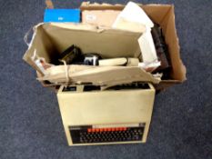 A box containing Allen Boothroyd vintage computer, assorted electricals including radio,