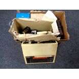 A box containing Allen Boothroyd vintage computer, assorted electricals including radio,